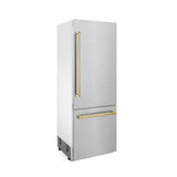 ZLINE Autograph Edition 30 in. 16.1 cu. ft. Built-In Bottom Freezer Refrigerator with Water Dispenser and Ice Maker in Satin Stainless Steel with Polished Gold Accents (RBIVZ-SN-30-G)