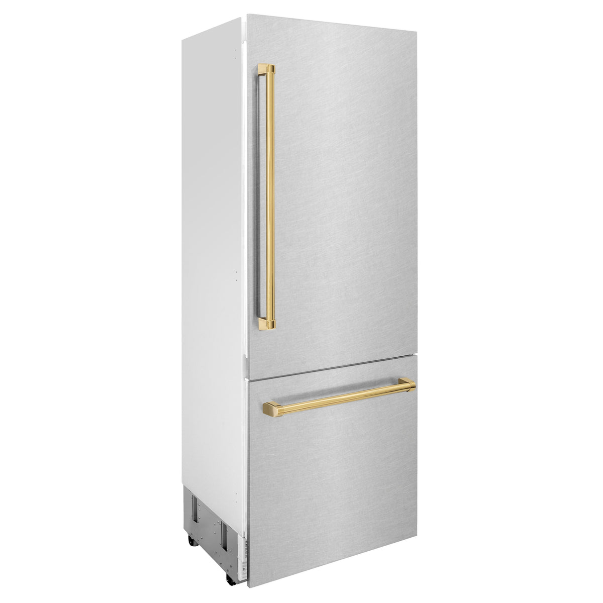 ZLINE Autograph Edition 30 in. 16.1 cu. ft. Built-In Bottom Freezer Refrigerator with Water Dispenser and Ice Maker in Satin Stainless Steel with Polished Gold Accents (RBIVZ-SN-30-G)