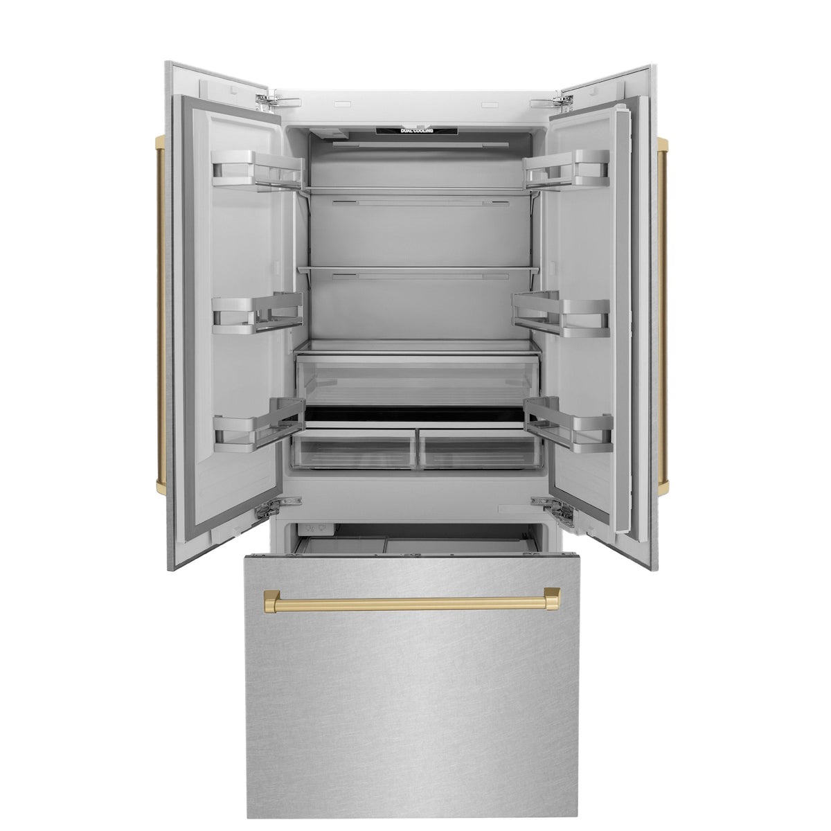 ZLINE Autograph Edition 36 in. 19.6 cu. ft. French Door Built-In Bottom Freezer Refrigerator with Water Dispenser and Ice Maker in Satin Stainless Steel with Champagne Bronze Accents (RBIVZ-SN-36-CB)