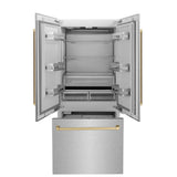 ZLINE Autograph Edition 36 in. 19.6 cu. ft. French Door Built-In Bottom Freezer Refrigerator with Water Dispenser and Ice Maker in Satin Stainless Steel with Champagne Bronze Accents (RBIVZ-SN-36-CB)