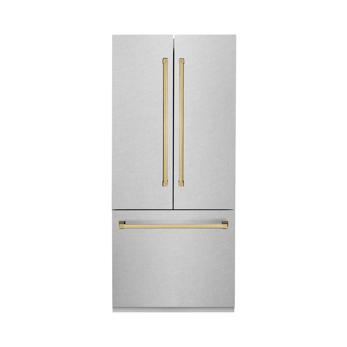ZLINE Autograph Edition 36 in. 19.6 cu. ft. French Door Built-In Bottom Freezer Refrigerator with Water Dispenser and Ice Maker in Satin Stainless Steel with Polished Gold Accents (RBIVZ-SN-36-G)