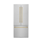 ZLINE Autograph Edition 36 in. 19.6 cu. ft. French Door Built-In Bottom Freezer Refrigerator with Water Dispenser and Ice Maker in Satin Stainless Steel with Polished Gold Accents (RBIVZ-SN-36-G)