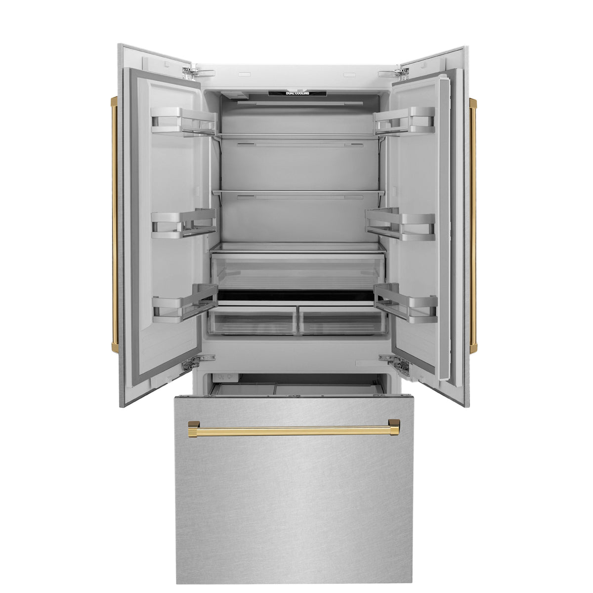 ZLINE Autograph Edition 36 in. 19.6 cu. ft. French Door Built-In Bottom Freezer Refrigerator with Water Dispenser and Ice Maker in Satin Stainless Steel with Polished Gold Accents (RBIVZ-SN-36-G)