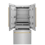 ZLINE Autograph Edition 36 in. 19.6 cu. ft. French Door Built-In Bottom Freezer Refrigerator with Water Dispenser and Ice Maker in Satin Stainless Steel with Polished Gold Accents (RBIVZ-SN-36-G)