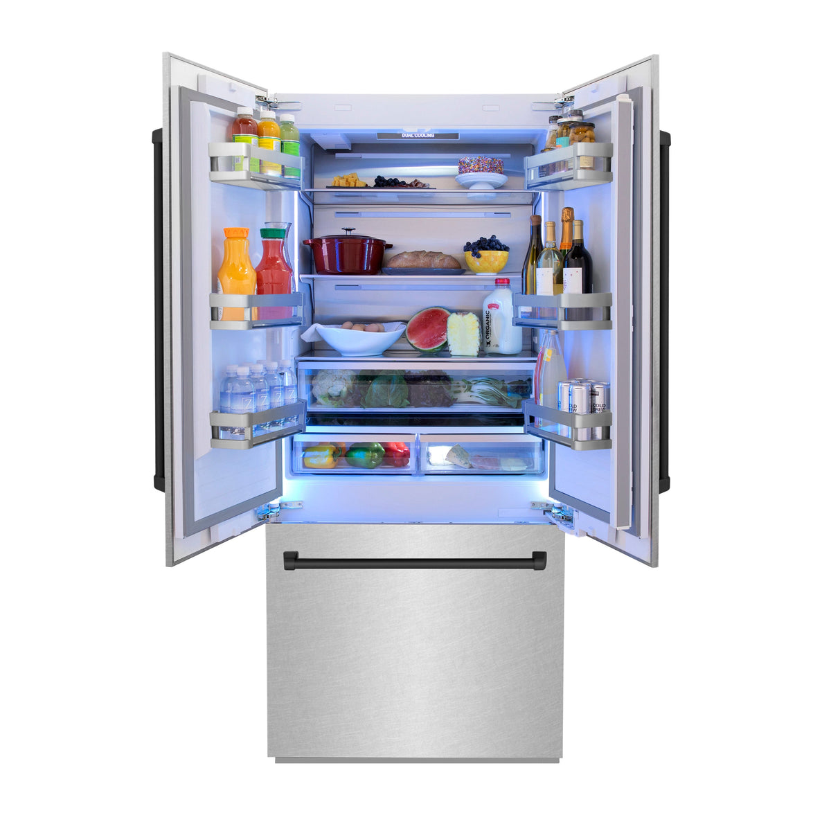 ZLINE Autograph Edition 36 in. 19.6 cu. ft. French Door Built-In Bottom Freezer Refrigerator with Water Dispenser and Ice Maker in Satin Stainless Steel with Matte Black Accents (RBIVZ-SN-36-MB)