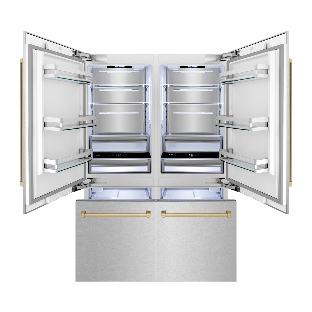ZLINE Autograph Edition 60 in. 32.2 cu. ft. French Door Built-In Bottom Freezer Refrigerator with Water Dispenser and Ice Maker in Satin Stainless Steel with Champagne Bronze Accents (RBIVZ-SN-60-CB)