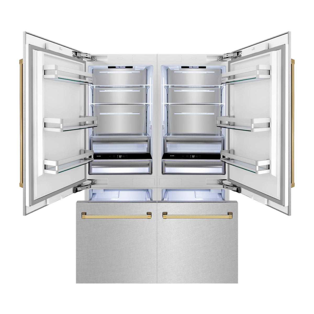 ZLINE Autograph Edition 60 in. 32.2 cu. ft. French Door Built-In Bottom Freezer Refrigerator with Water Dispenser and Ice Maker in Satin Stainless Steel with Polished Gold Accents (RBIVZ-SN-60-G)