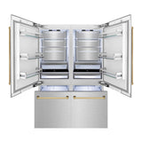 ZLINE Autograph Edition 60 in. 32.2 cu. ft. French Door Built-In Bottom Freezer Refrigerator with Water Dispenser and Ice Maker in Satin Stainless Steel with Polished Gold Accents (RBIVZ-SN-60-G)
