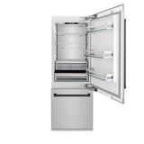 ZLINE Autograph Edition 30 in. 16.1 cu. ft. Built-In Bottom Freezer Refrigerator with Water Dispenser and Ice Maker in Satin Stainless Steel with Matte Black Accents (RBIVZ-SN-30-MB)