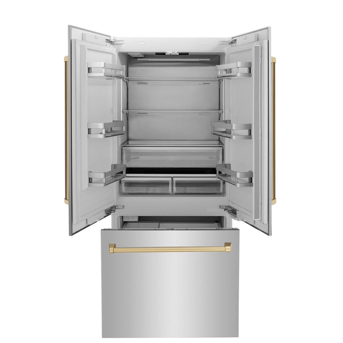 ZLINE Autograph Edition 36 in. 19.6 cu. ft. French Door Built-In Bottom Freezer Refrigerator with Water Dispenser and Ice Maker in Stainless Steel with Champagne Bronze Accents (RBIVZ-304-36-CB)
