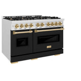 ZLINE Autograph Edition 48 in. 6.7 cu. ft. Classic Double Oven Dual Fuel Range with 8 Burner Gas Cooktop in Satin Stainless Steel with Black Matte Doors and Polished Gold Accents (CDRSZ-BLM-48-G)