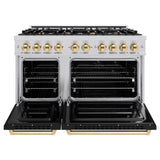 ZLINE Autograph Edition 48 in. 6.7 cu. ft. Classic Double Oven Dual Fuel Range with 8 Burner Gas Cooktop in Stainless Steel with Black Matte Doors and Polished Gold Accents (CDRZ-BLM-48-G)