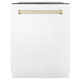 ZLINE 48 in. Autograph Edition Kitchen Package with Stainless Steel Dual Fuel Range with White Matte Door, Range Hood and Dishwasher with Polished Gold  Accents (3AKP-RAWMRHDWM48-G)