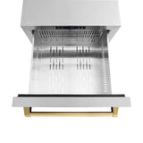 ZLINE Autograph Edition 24 in. Touchstone 168 Can Outdoor-Rated Dual Refrigerator Drawer with Satin Stainless Steel Doors and Polished Gold Handles (RDSOZ-SN-24-G)