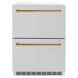 ZLINE Autograph Edition 24 in. Touchstone 168 Can Outdoor-Rated Dual Refrigerator Drawer with Satin Stainless Steel Doors and Polished Gold Handles (RDSOZ-SN-24-G)