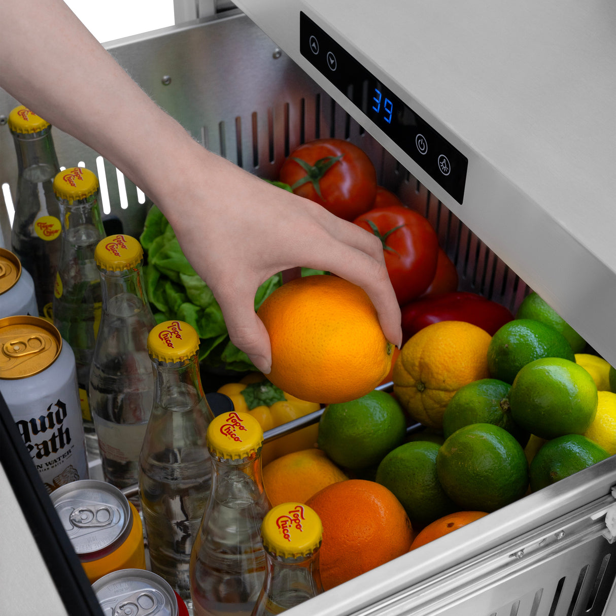 ZLINE Autograph Edition 24 in. Touchstone 168 Can Outdoor-Rated Dual Refrigerator Drawer with Satin Stainless Steel Doors and Matte Black Handles (RDSOZ-SN-24-MB)