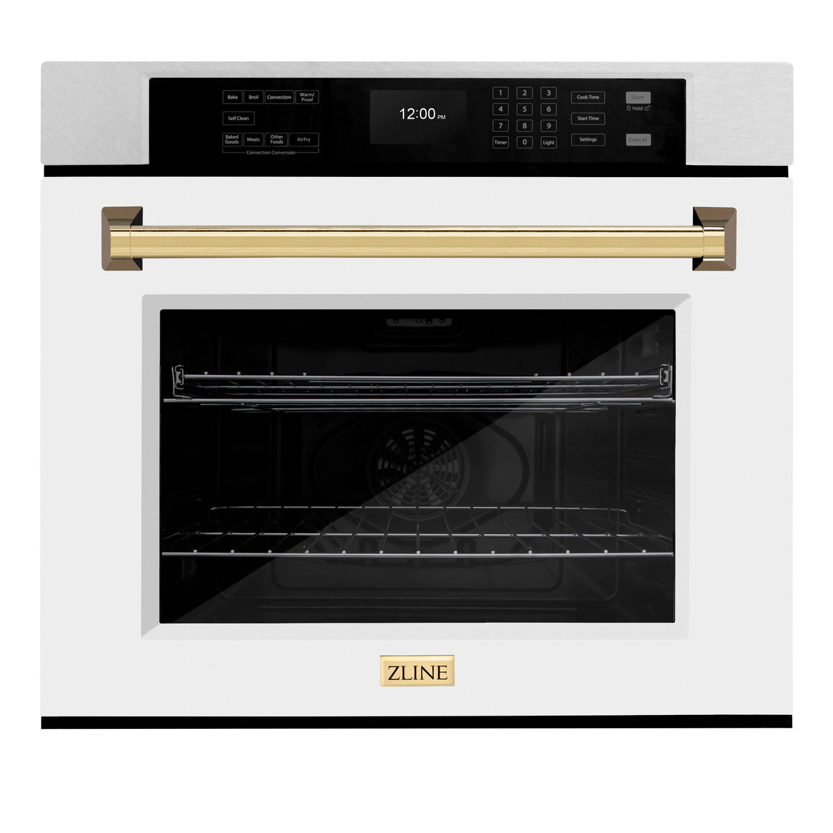 ZLINE 30 in. Autograph Edition Professional True Convection Single Wall Oven with Air Fry and Self Clean in Satin Stainless Steel with White Matte Door and Polished Gold Handle (WASSZ-WM-30-G)