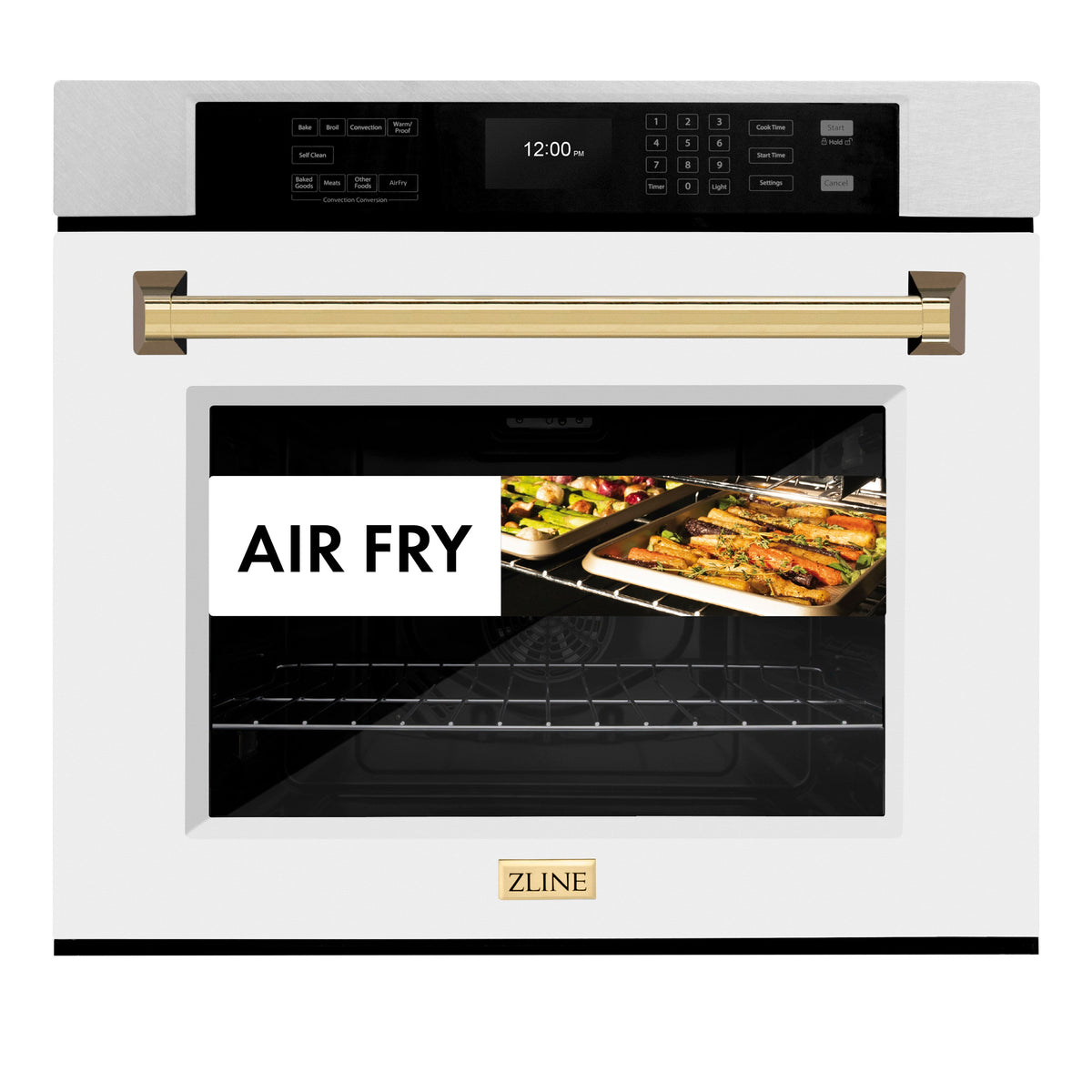 ZLINE 30 in. Autograph Edition Professional True Convection Single Wall Oven with Air Fry and Self Clean in Satin Stainless Steel with White Matte Door and Polished Gold Handle (WASSZ-WM-30-G)