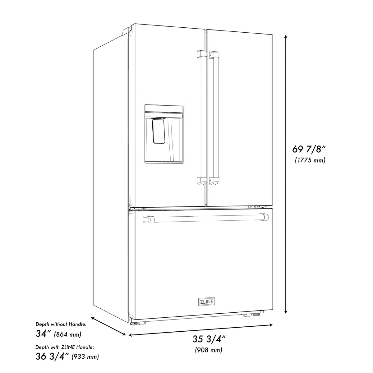 ZLINE Autograph Edition 36 in. 28.9 cu. ft. Standard-Depth French Door External Water Dispenser Refrigerator with Dual Ice Maker in Fingerprint-Resistant Black Stainless Steel and Polished Gold Traditional Handles (RSMZ-W-36-BS-G)