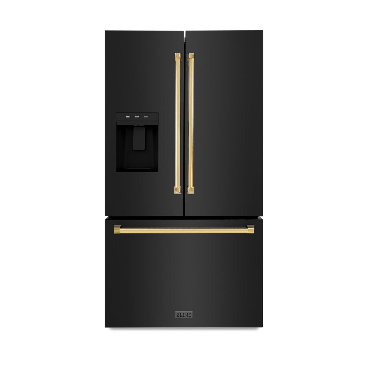 ZLINE Autograph Edition 36 in. 28.9 cu. ft. Standard-Depth French Door External Water Dispenser Refrigerator with Dual Ice Maker in Fingerprint-Resistant Black Stainless Steel and Polished Gold Traditional Handles (RSMZ-W-36-BS-G)