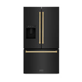 ZLINE Autograph Edition 36 in. 28.9 cu. ft. Standard-Depth French Door External Water Dispenser Refrigerator with Dual Ice Maker in Fingerprint-Resistant Black Stainless Steel and Polished Gold Traditional Handles (RSMZ-W-36-BS-G)