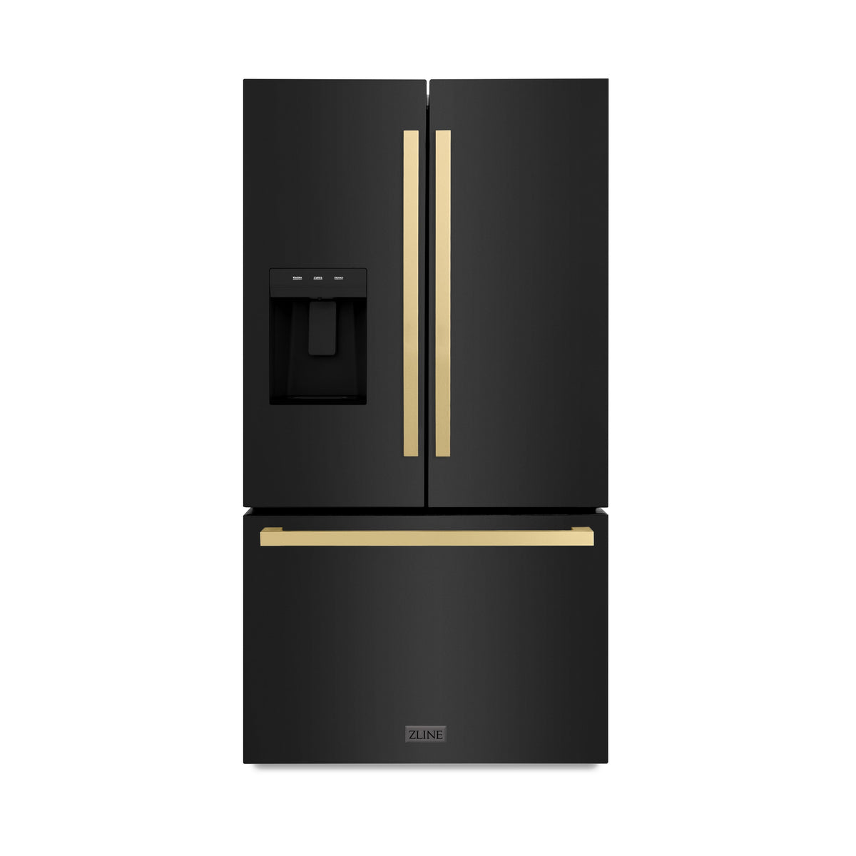 ZLINE Autograph Edition 36 in. 28.9 cu. ft. Standard-Depth French Door External Water Dispenser Refrigerator with Dual Ice Maker in Fingerprint-Resistant Black Stainless Steel and Champagne Bronze Modern Handles (RSMZ-W36-BS-FCB)