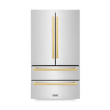 ZLINE Autograph Edition 36 in. 22.5 cu. ft. Counter-Depth French Door Refrigerator with Ice Maker in Fingerprint-Resistant Stainless Steel with Polished Gold Modern Handles (RFMZ-36-FG)