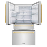 ZLINE Autograph Edition 36 in. 21.6 cu. ft. Counter-Depth French Door Refrigerator with Water and Ice Dispenser in Fingerprint-Resistant Stainless Steel with Polished Gold Modern Handles (RFMZ-W-36-FG)