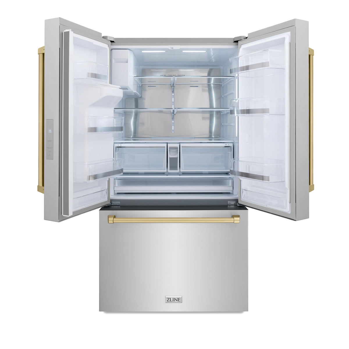 ZLINE Autograph Edition 36 in. 28.9 cu. ft. Standard-Depth French Door External Water Dispenser Refrigerator with Dual Ice Maker in Fingerprint-Resistant Stainless Steel and Champagne Bronze Traditional Handles (RSMZ-W-36-CB)