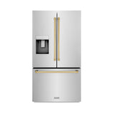 ZLINE Autograph Edition 36 in. 28.9 cu. ft. Standard-Depth French Door External Water Dispenser Refrigerator with Dual Ice Maker in Fingerprint-Resistant Stainless Steel and Polished Gold Traditional Handles (RSMZ-W-36-G)