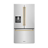 ZLINE Autograph Edition 36 in. 28.9 cu. ft. Standard-Depth French Door External Water Dispenser Refrigerator with Dual Ice Maker in Fingerprint-Resistant Stainless Steel and Polished Gold Traditional Handles (RSMZ-W-36-G)