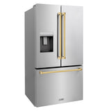 ZLINE Autograph Edition 36 in. 28.9 cu. ft. Standard-Depth French Door External Water Dispenser Refrigerator with Dual Ice Maker in Fingerprint-Resistant Stainless Steel and Polished Gold Traditional Handles (RSMZ-W-36-G)