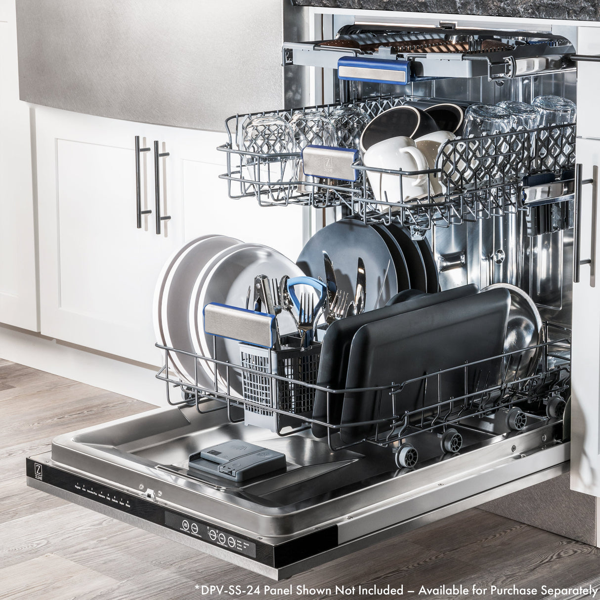 ZLINE Autograph Edition 24" Tallac Series 3rd Rack Top Control Built-In Tall Tub Dishwasher in Custom Panel Ready with Polished Gold Handle, 51dBa (DWVZ-24-G)