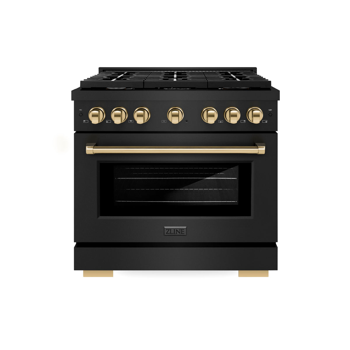 ZLINE Autograph Edition 36 in. 5.2 cu. ft. Paramount Dual Fuel Range with 6 Burner Gas Cooktop and Electric Convection Oven in Black Stainless Steel with Polished Gold Accents (SDRBZ-36-G)