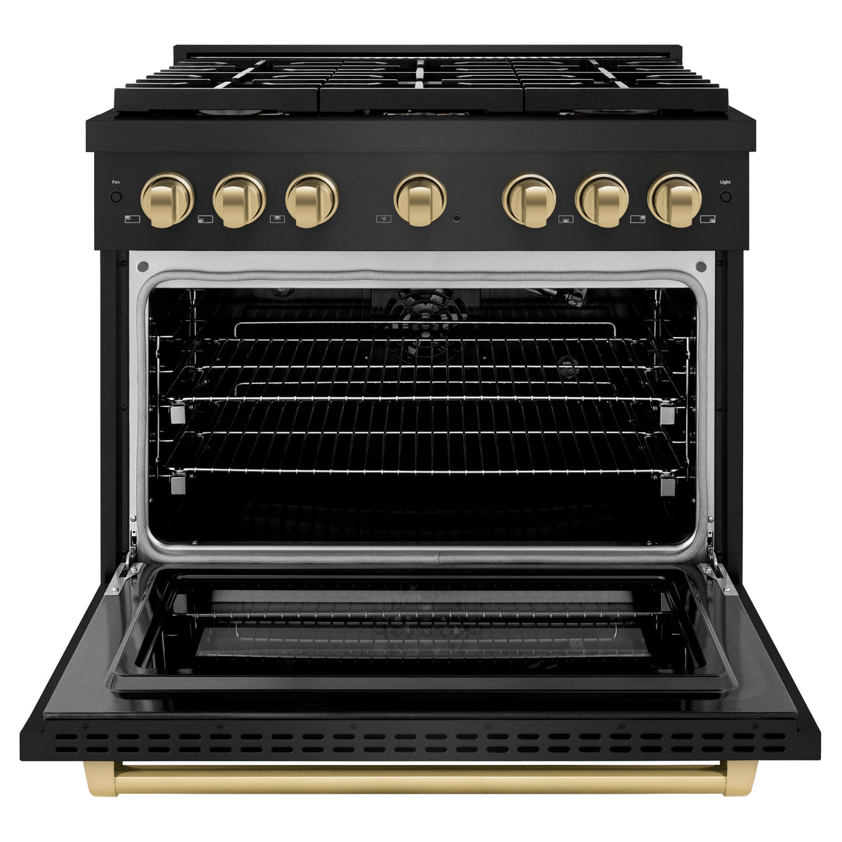 ZLINE Autograph Edition 36 in. 5.2 cu. ft. Paramount Gas Range with 6 Burner Cooktop and Convection Gas Oven in Black Stainless Steel and Champagne Bronze Accents (SGRBZ-36-CB)