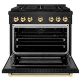 ZLINE Autograph Edition 36 in. 5.2 cu. ft. Paramount Gas Range with 6 Burner Cooktop and Convection Gas Oven in Black Stainless Steel and Polished Gold Accents (SGRBZ-36-G)