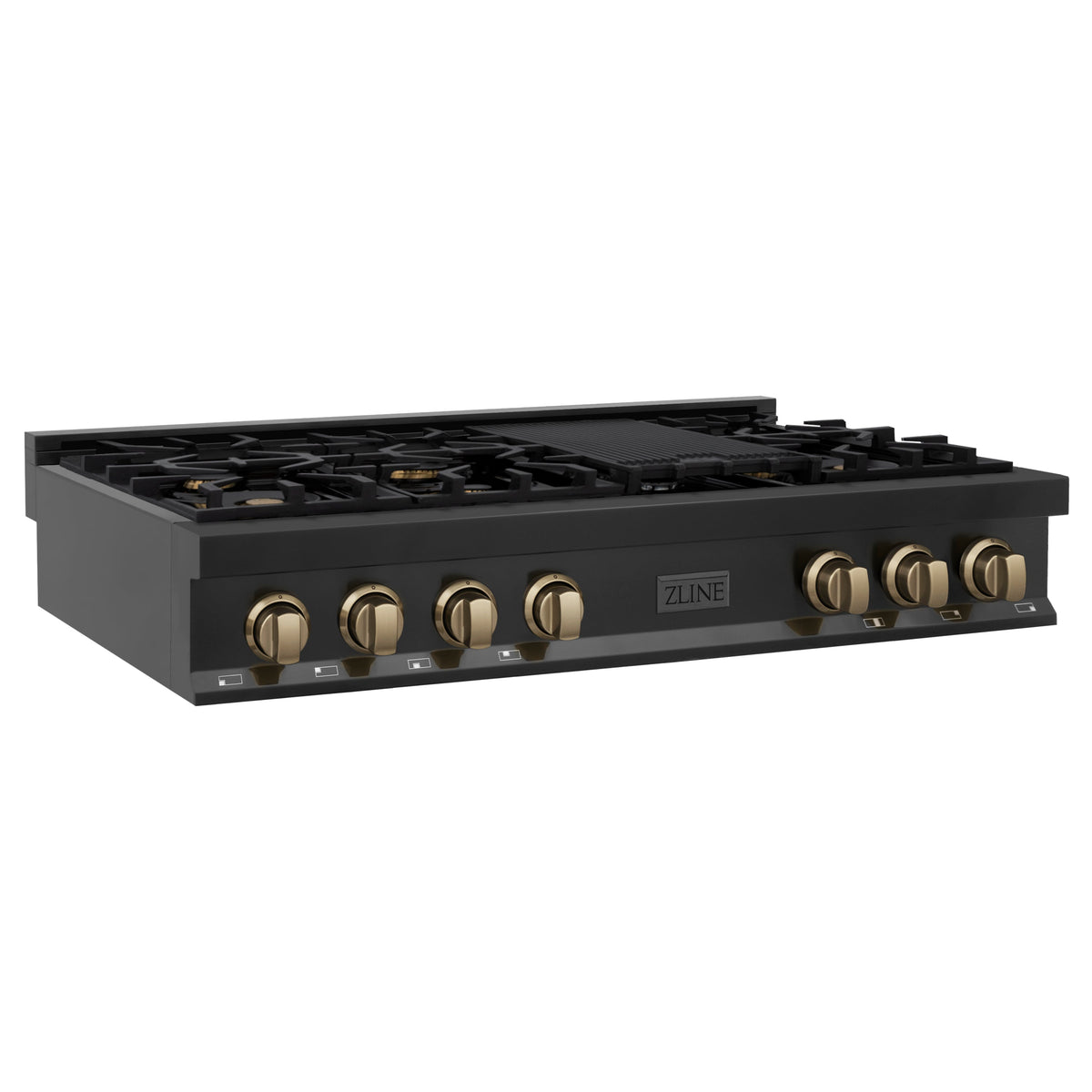 ZLINE Autograph Edition 48 in. Legacy Gas Rangetop with 7 Burners and Porcelain Cooktop in Black Stainless Steel with Champagne Bronze Accents (RTBZ-48-CB)