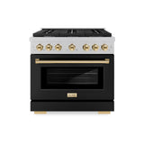 ZLINE Autograph Edition 36 in. 5.2 cu. ft. Paramount Dual Fuel Range with 6 Burner Gas Cooktop and Electric Convection Oven in Satin Stainless Steel with Black Matte Door and Polished Gold Accents (SDRSZ-BLM-36-G)