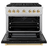 ZLINE Autograph Edition 36 in. 5.2 cu. ft. Paramount Dual Fuel Range with 6 Burner Gas Cooktop and Electric Convection Oven in Satin Stainless Steel with Black Matte Door and Polished Gold Accents (SDRSZ-BLM-36-G)