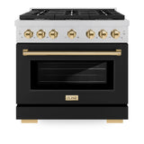 ZLINE Autograph Edition 36 in. 5.2 cu. ft. Paramount Dual Fuel Range with 6 Burner Gas Cooktop and Electric Convection Oven in Satin Stainless Steel with Black Matte Door and Polished Gold Accents (SDRSZ-BLM-36-G)