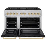 ZLINE Autograph Edition 48 in. 6.7 cu. ft. Paramount Double Oven Dual Fuel Range with 8 Burner Gas Cooktop in Satin Stainless Steel with Black Matte Doors and Champagne Bronze Accents (SDRSZ-BLM-48-CB)