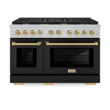 ZLINE Autograph Edition 48 in. 6.7 cu. ft. Paramount Double Oven Dual Fuel Range with 8 Burner Gas Cooktop in Satin Stainless Steel with Black Matte Doors and Champagne Bronze Accents (SDRSZ-BLM-48-CB)