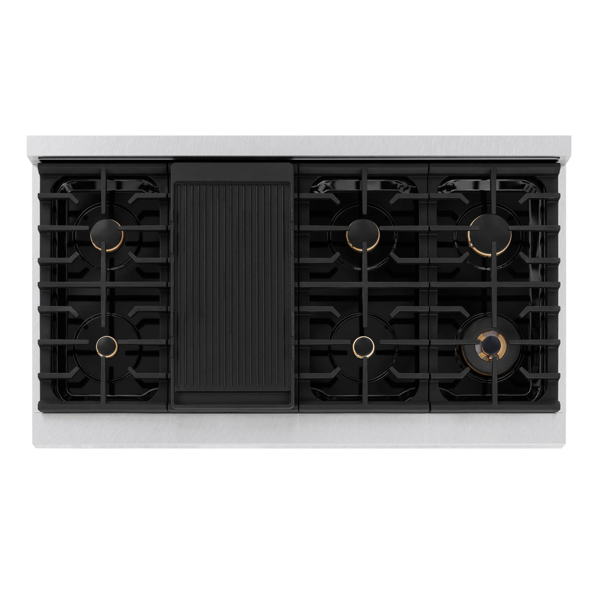 ZLINE Autograph Edition 48 in. 6.7 cu. ft. Paramount Double Oven Dual Fuel Range with 8 Burner Gas Cooktop in Satin Stainless Steel with Black Matte Doors and Polished Gold Accents (SDRSZ-BLM-48-G)