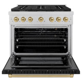 ZLINE Autograph Edition 36 in. 5.2 cu. ft. Paramount Gas Range with 6 Burner Cooktop and Convection Gas Oven in Satin Stainless Steel with Black Matte Door and Champagne Bronze Accents (SGRSZ-BLM-36-CB)