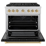 ZLINE Autograph Edition 36 in. 5.2 cu. ft. Paramount Gas Range with 6 Burner Cooktop and Convection Gas Oven in Satin Stainless Steel with Black Matte Door and Polished Gold Accents (SGRSZ-BLM-36-G)