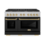 ZLINE Autograph Edition 48 in. 6.7 cu. ft. Paramount Double Oven Gas Range with 8 Burner Cooktop in Satin Stainless Steel with Black Matte Doors and Champagne Bronze Accents (SGRSZ-BLM-48-CB)