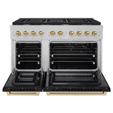 ZLINE Autograph Edition 48 in. 6.7 cu. ft. Paramount Double Oven Gas Range with 8 Burner Cooktop in Satin Stainless Steel with Black Matte Doors and Champagne Bronze Accents (SGRSZ-BLM-48-CB)