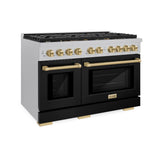 ZLINE Autograph Edition 48 in. 6.7 cu. ft. Paramount Double Oven Gas Range with 8 Burner Cooktop in Satin Stainless Steel with Black Matte Doors and Champagne Bronze Accents (SGRSZ-BLM-48-CB)