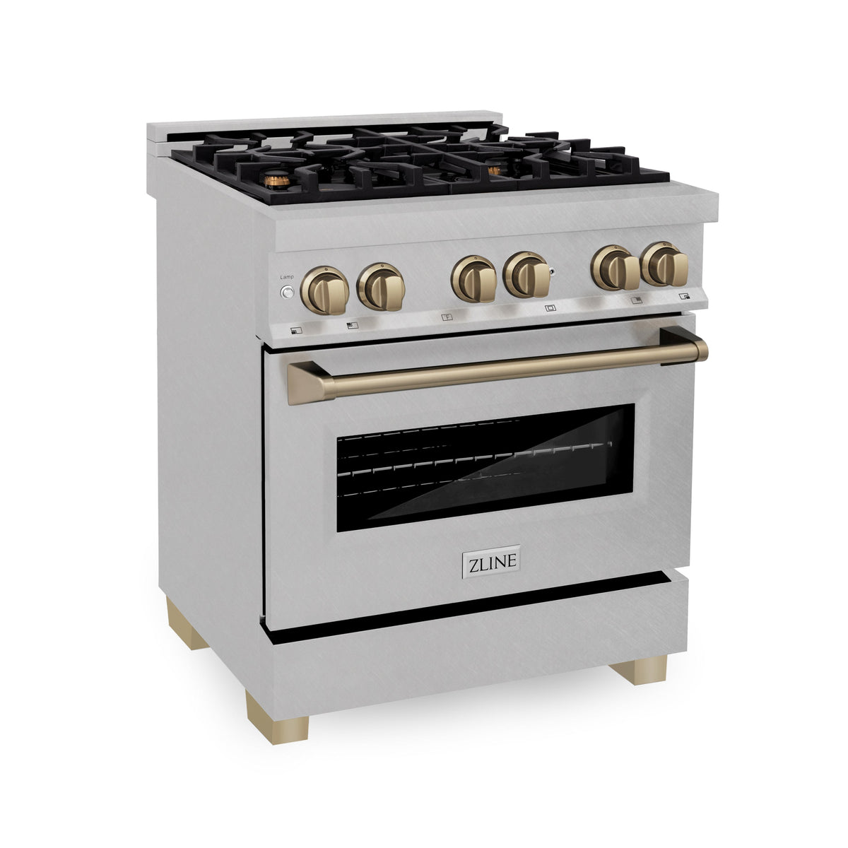 ZLINE Autograph Edition 30 in. 4.0 cu. ft. Legacy Dual Fuel Range with 4 Burner Gas Cooktop and Electric Convection Oven in Satin Stainless Steel and Champagne Bronze Accents (RASZ-SN-30-CB)