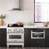 ZLINE Autograph Edition 30 in. 4.0 cu. ft. Legacy Dual Fuel Range with 4 Burner Gas Cooktop and Electric Convection Oven in Satin Stainless Steel and Polished Gold Accents (RASZ-SN-30-G)